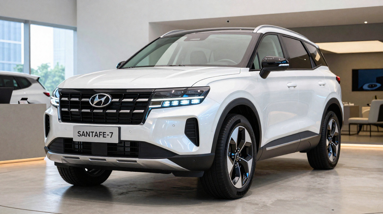 Weißer Hyundai Santa Fe 7 SUV stehend in einem modernen Showroom.