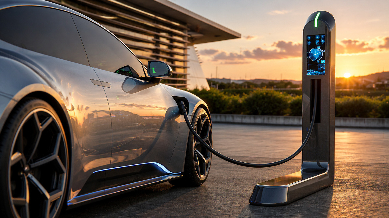 Elektroauto lädt an moderner Ladestation bei Sonnenuntergang vor futuristischem Gebäude.
