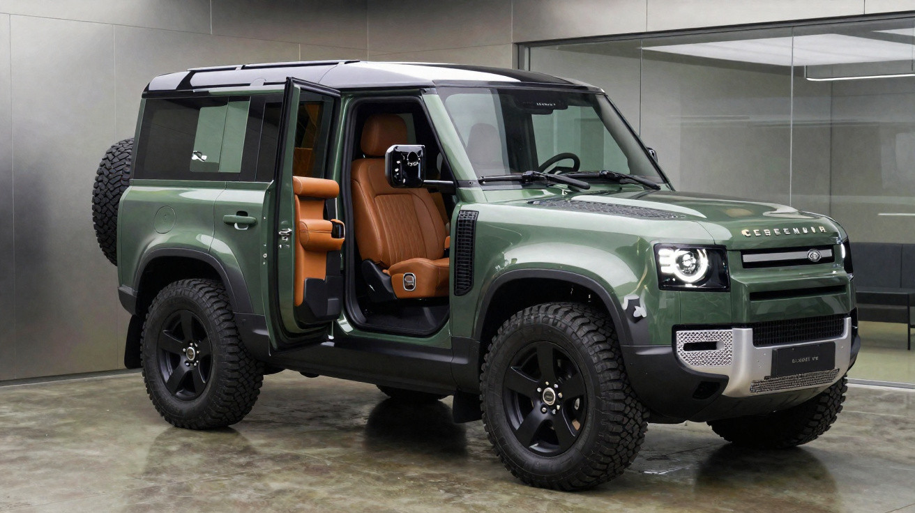 Grüner Land Rover Defender mit offenem Beifahrertür und braunem Ledersitz in modernem Raum.