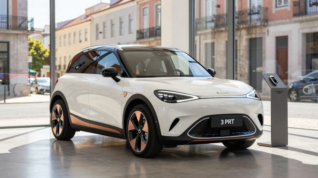 Weißes Elektroauto steht in modernem Showroom neben Ladestation vor Fensterfront.