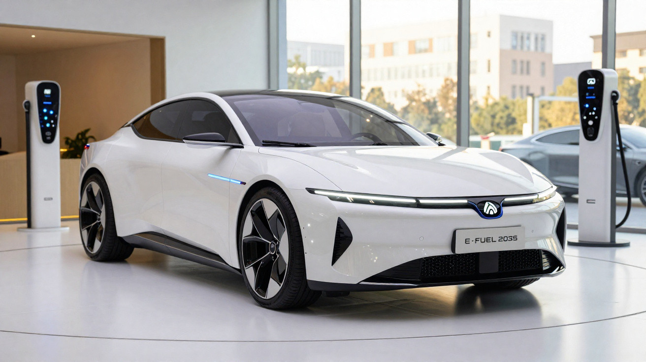 Weißes futuristisches Elektroauto E-Fuel 2035 in modernem Showroom mit Ladestationen bei Tageslicht.
