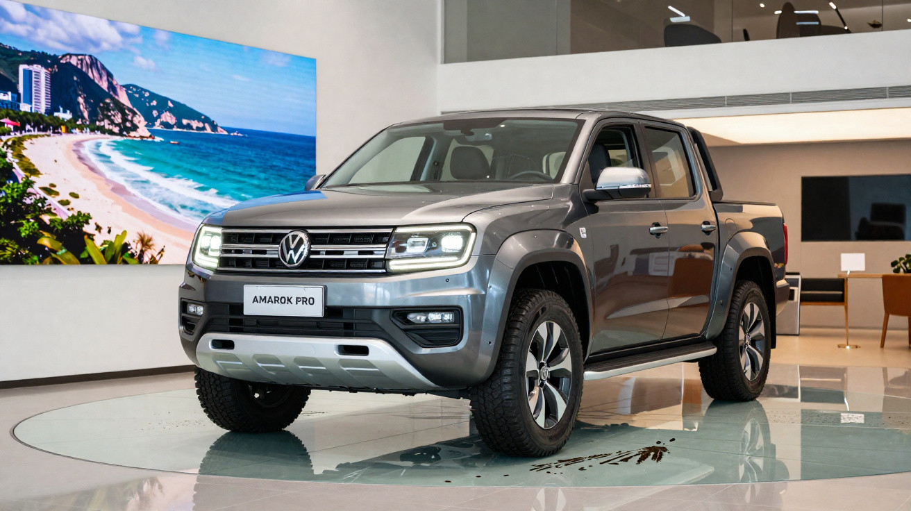 Silberfarbener VW Amarok Pro Pick-up im Showroom auf rundem Podest mit Strandbild im Hintergrund.