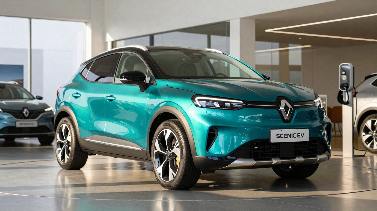 Türkisfarbener Renault Scenic EV Elektro-SUV in hellem Autohaus mit Ladestation im Hintergrund.