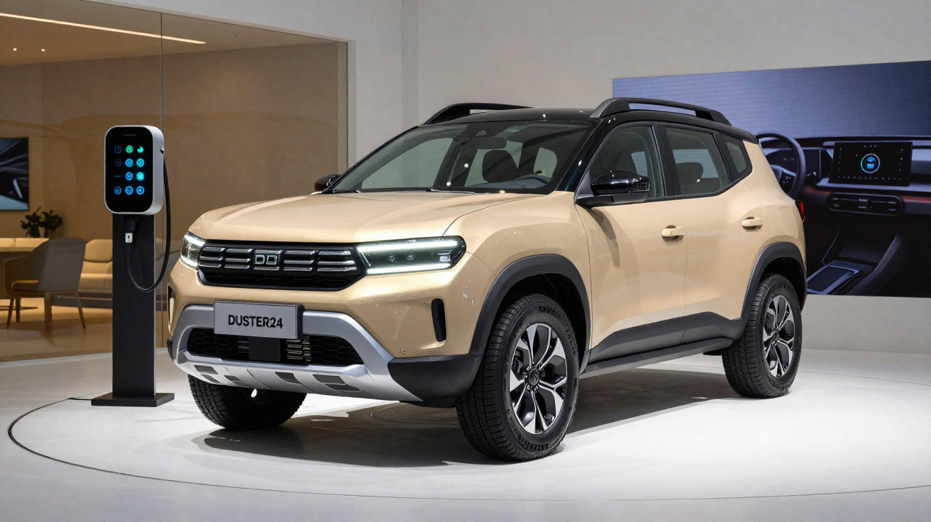 Beige SUV Duster24 an einer Ladestation in moderner Ausstellungshalle, Front- und Seitenansicht.