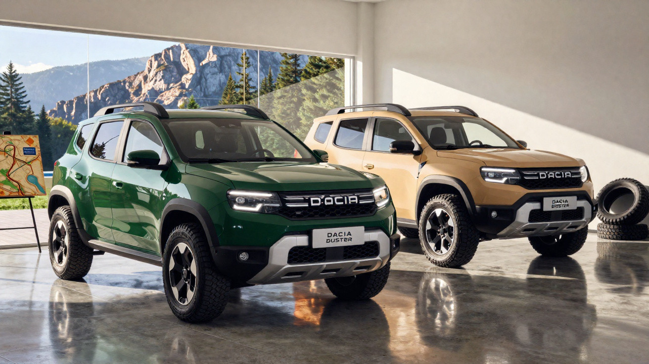 Zwei Dacia Duster SUVs in Grün und Beige in einer Garage mit Bergblick und Autoreifen im Hintergrund.