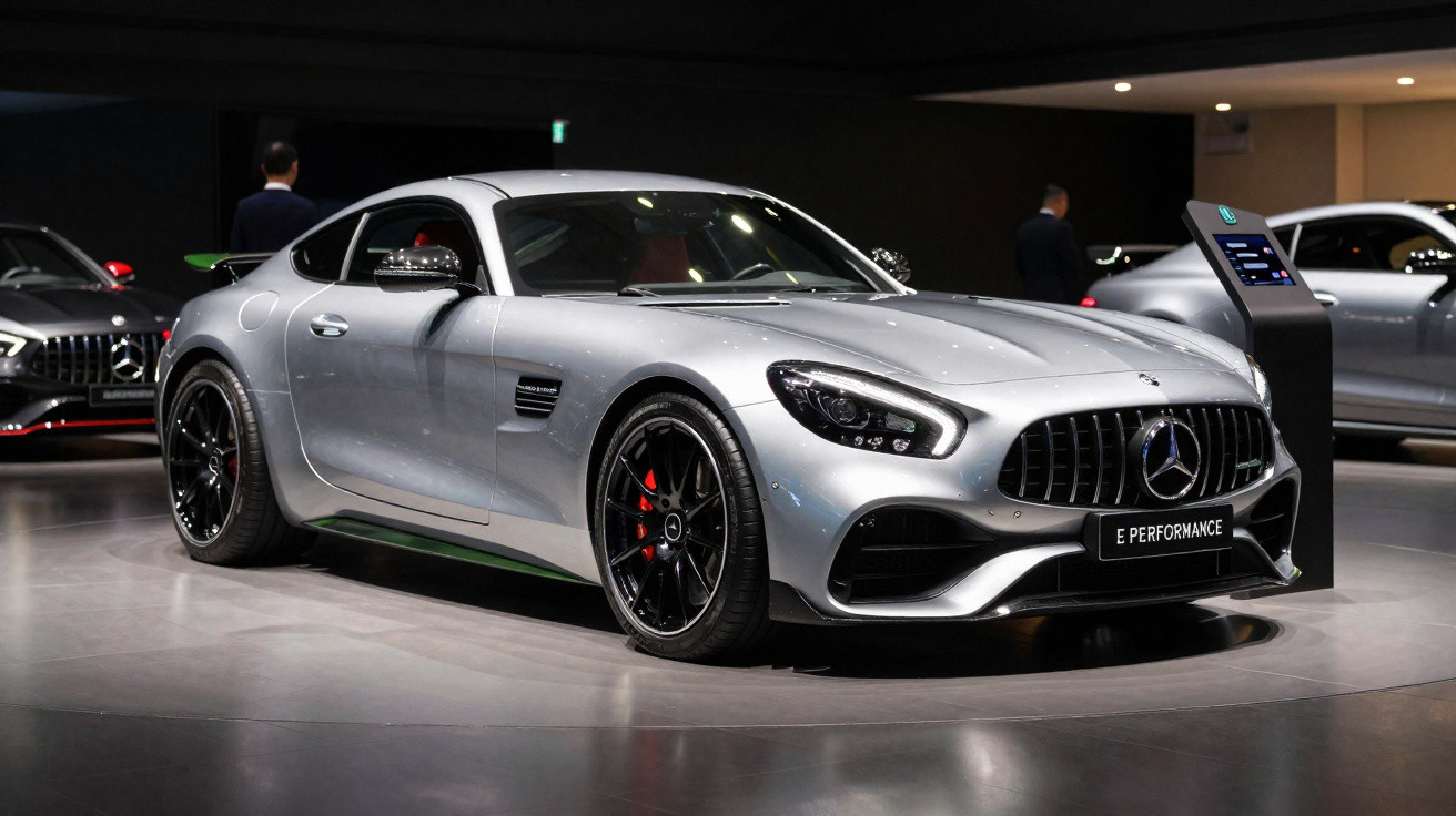 Silberner Mercedes AMG GT Sportwagen auf Ausstellungsfläche mit E Performance Schild.