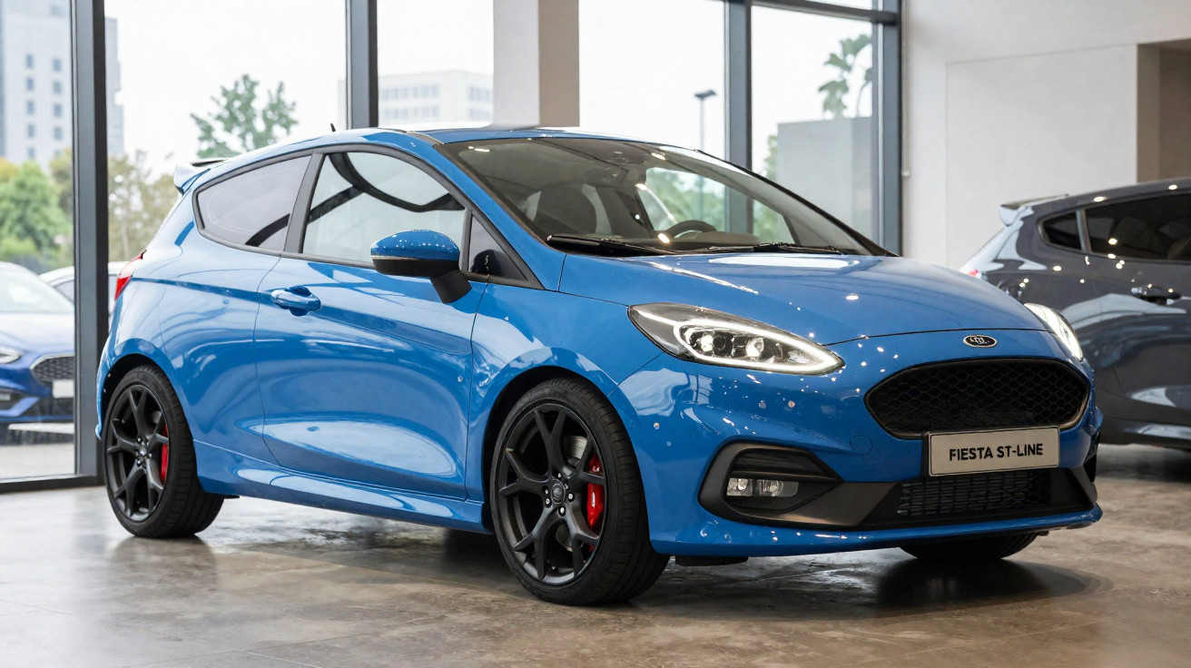 Blauer Ford Fiesta ST-Line Kleinwagen in einem modernen Autohaus vor großen Fenstern.