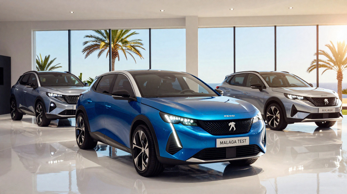 Drei moderne Peugeot SUVs in Blau und Grau in einem showroom mit großen Fenstern und Palmenblick.