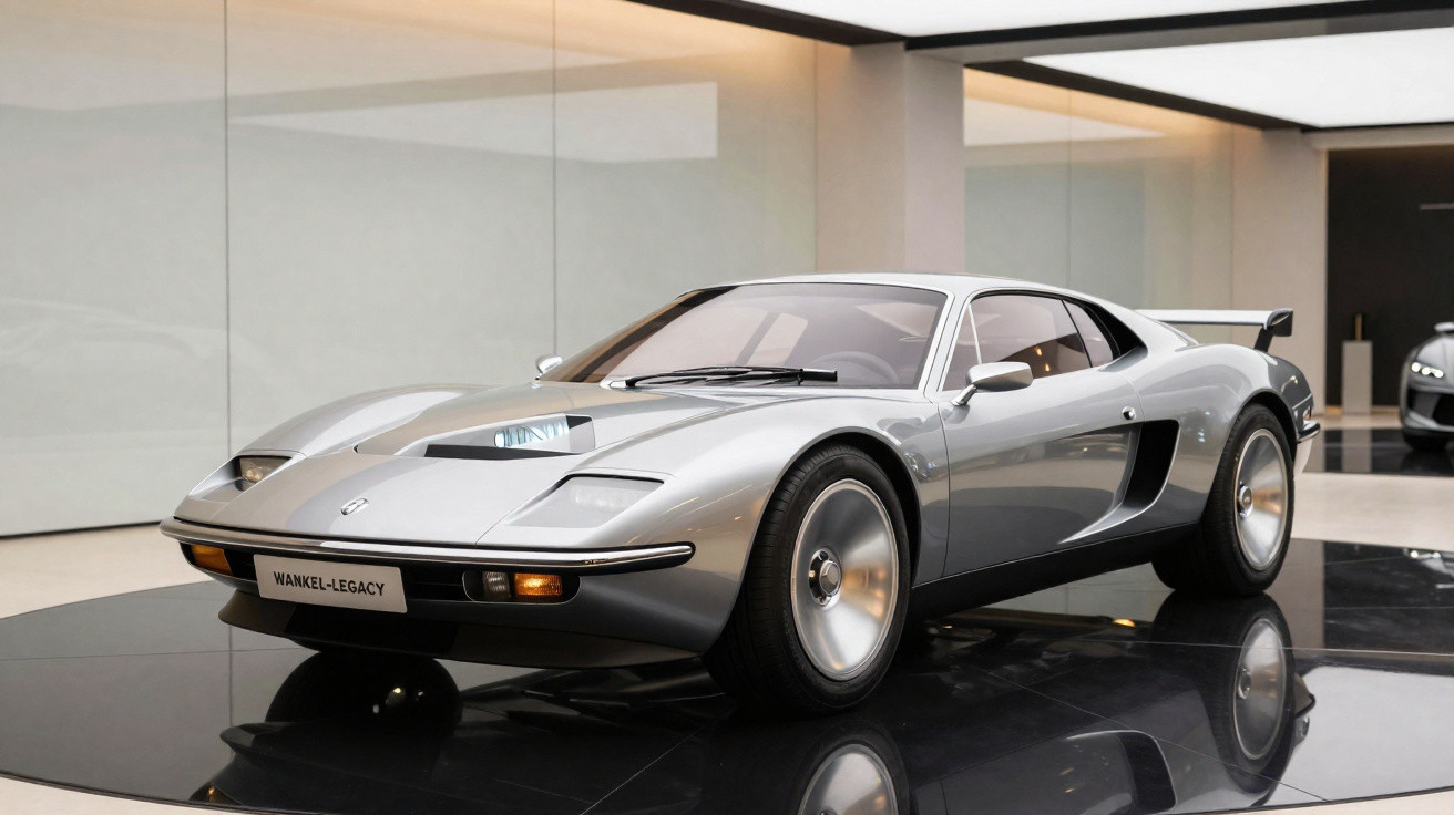 Silberner Wankel-Legacy Sportwagen mit aerodynamischem Design in modernem Ausstellungsraum auf schwarzer Plattform.