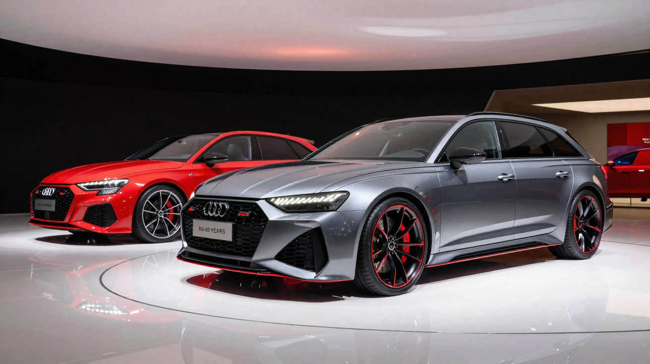 Zwei sportliche Audi RS-Modelle in Grau und Rot auf glänzendem Ausstellungsboden vor schwarzem Hintergrund.