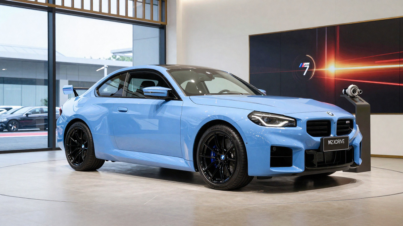 Blauer BMW M2 mit schwarzem Dach und Felgen steht in modernem Showroom auf hellgraßem Boden