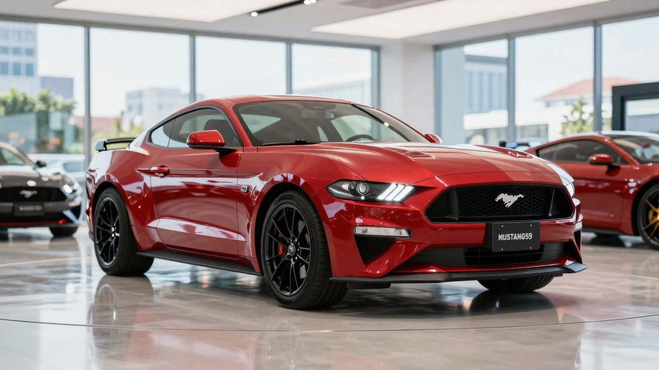 Roter Ford Mustang Sportwagen in einem hellen Autohaus mit großen Fenstern und weiteren Autos im Hintergrund.