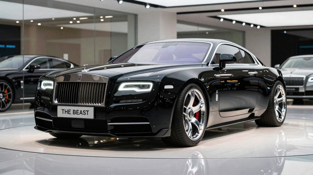 Schwarzer Rolls-Royce mit leuchtenden Scheinwerfern und Nummernschild „THE BEAST“ in moderner Ausstellungshalle.