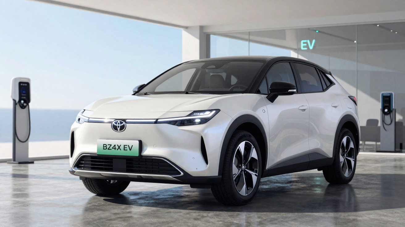 Weißer Toyota BZ4X Elektro-SUV steht vor Ladestationen in modernem Parkhaus mit Meerblick.