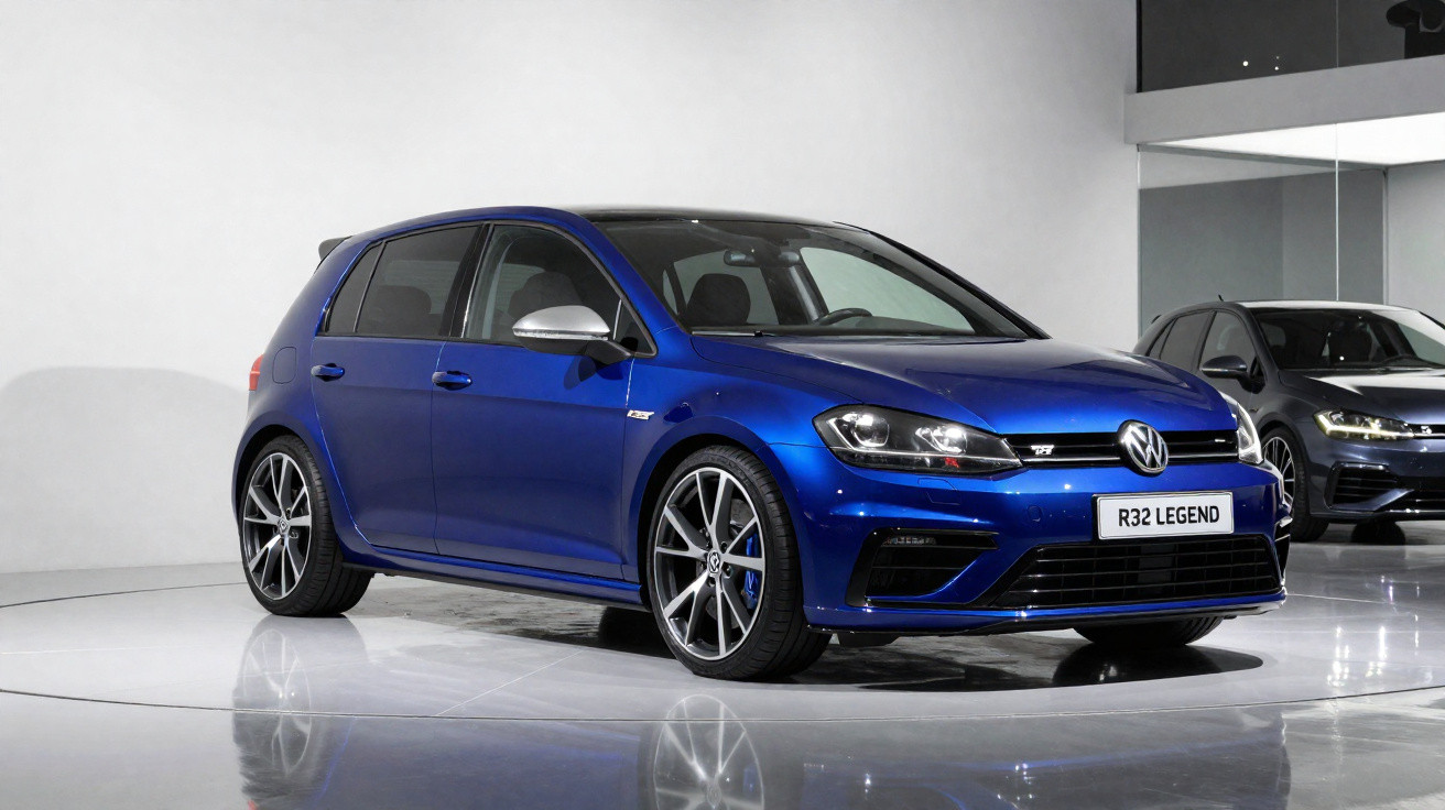 Blauer VW Golf R32 Legend in moderner Ausstellung mit glänzendem Boden und weißem Hintergrund.