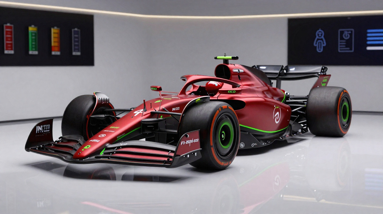 Rotes Formel-1-Rennfahrzeug mit grünen Akzenten in einer modernen Ausstellungshalle.