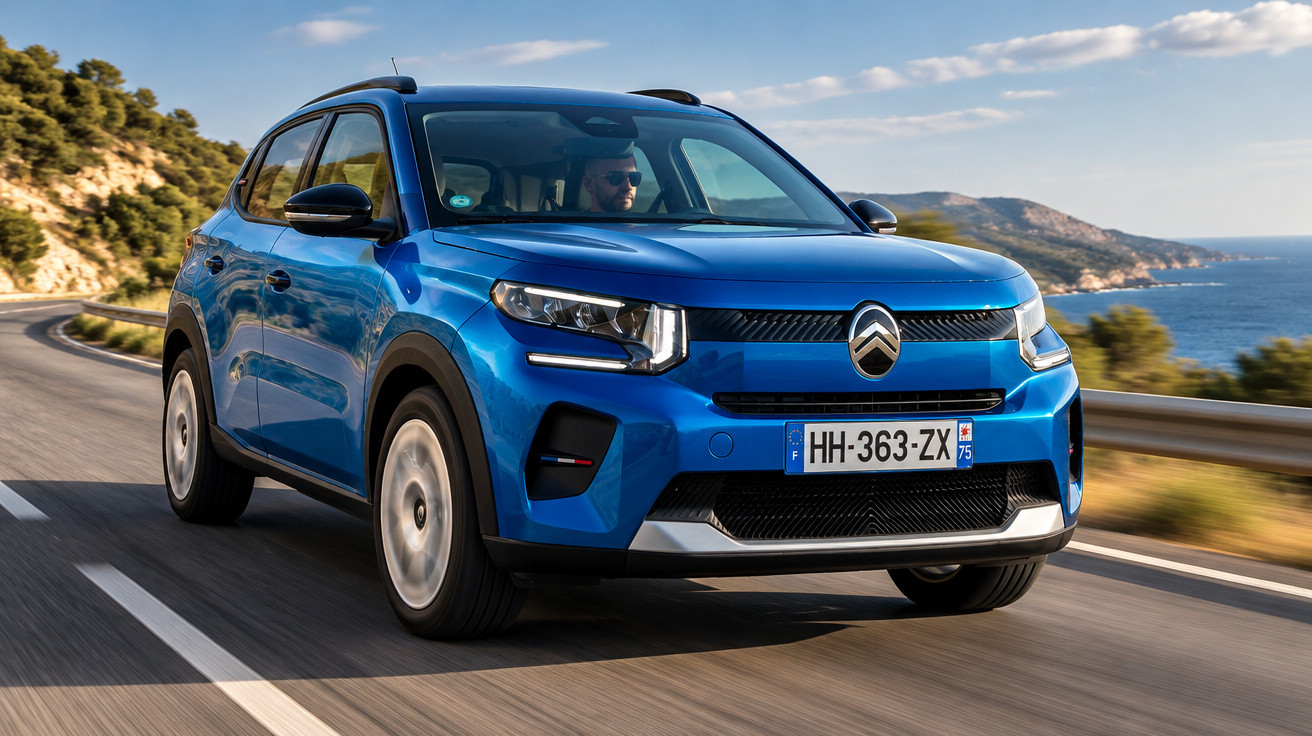 Blauer Citroën SUV fährt auf kurvenreicher Küstenstraße bei sonnigem Wetter, Fahrer mit Sonnenbrille.