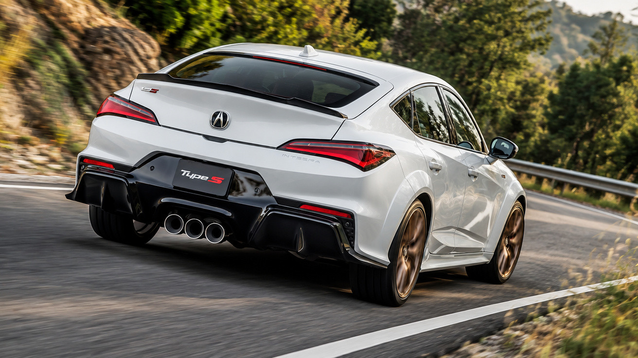 Weißer sportlicher Acura Type S fährt auf kurviger Landstraße mit grünem Bewuchs im Hintergrund.