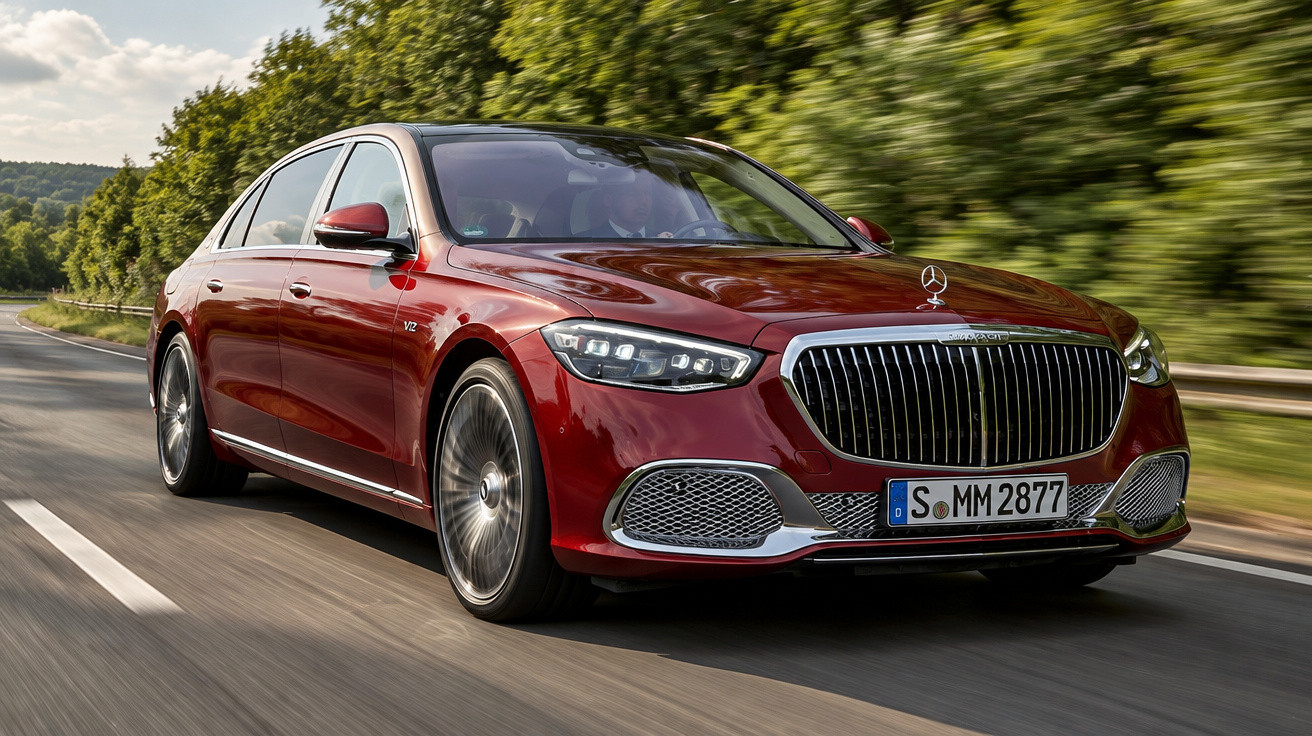 Rote Mercedes-Maybach Luxuslimousine fährt auf Landstraße vor grüner, bewaldeter Kulisse bei Tageslicht.