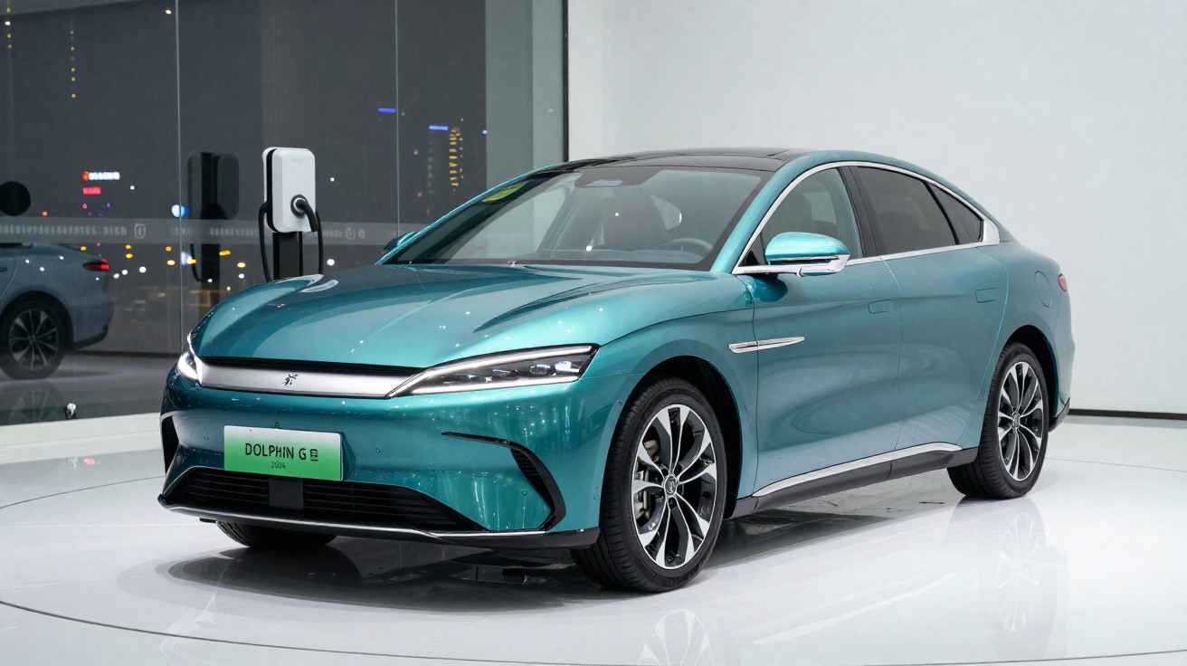 Blauer Elektro-Limousine mit modernen LED-Scheinwerfern steht in hellem, minimalistischem Showroom.