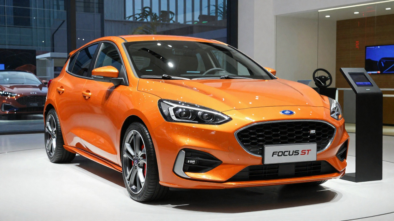 Oranger Ford Focus ST auf einer Messe, sportliches Design und markanter Kühlergrill, frontal seitlich fotografiert.