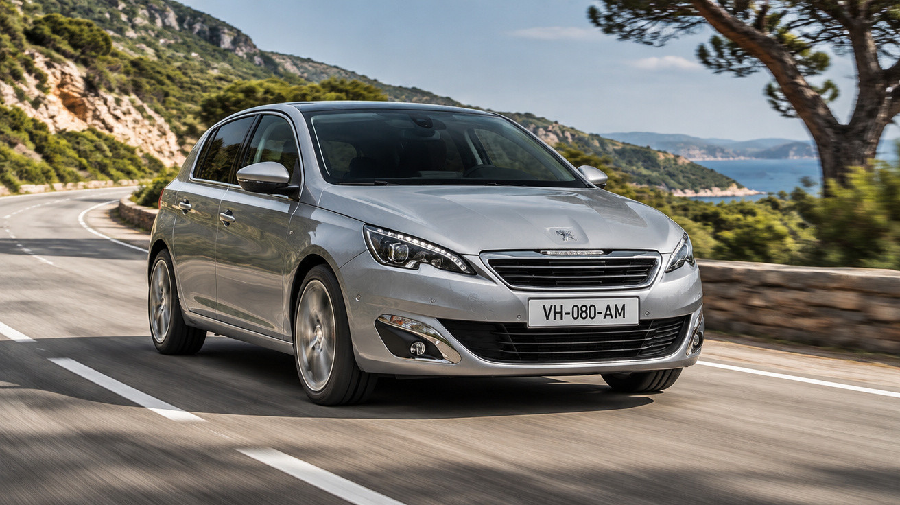 Silberner Peugeot 308 fährt auf kurviger Küstenstraße mit Bergen und Meer im Hintergrund.