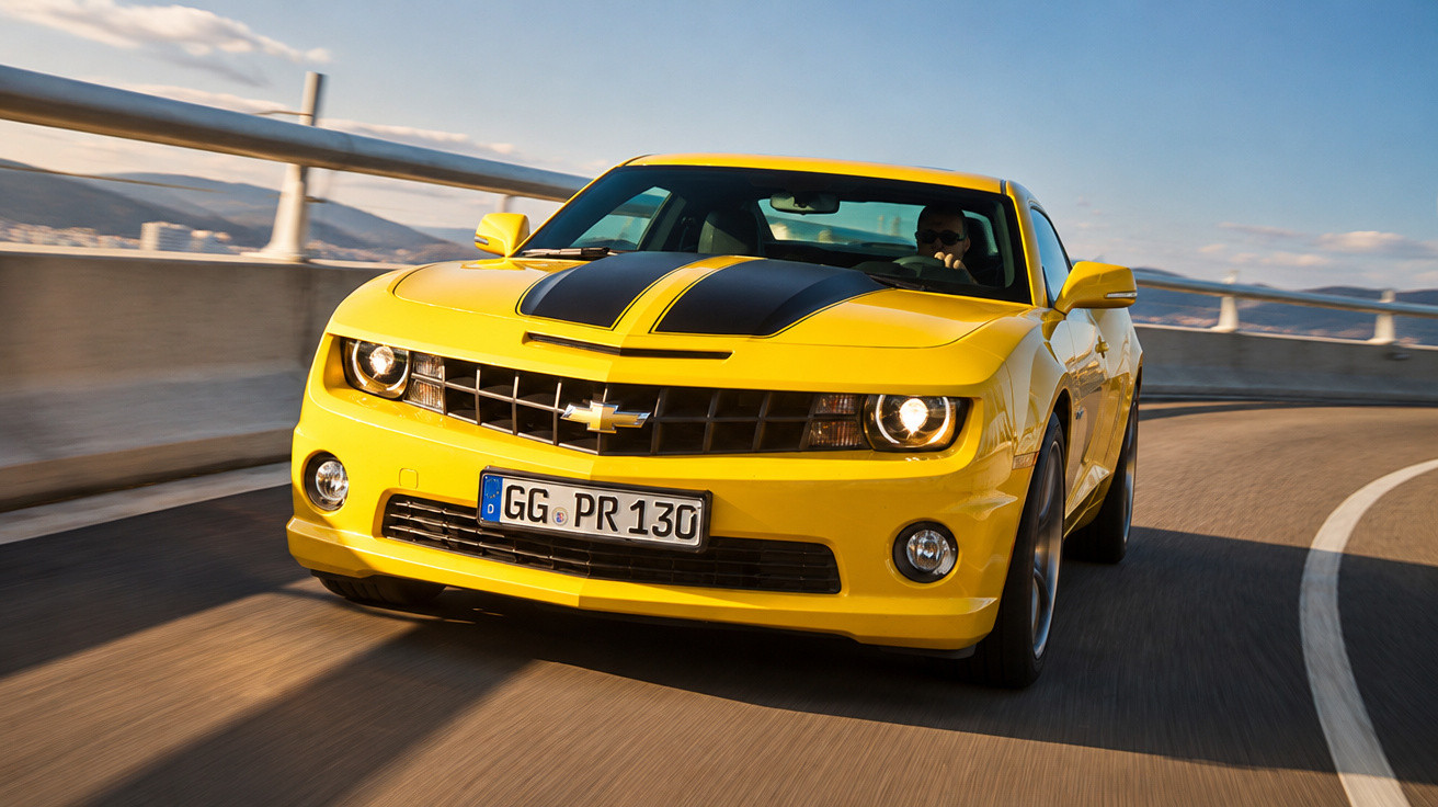 Gelber Chevrolet Camaro mit schwarzen Streifen fährt auf kurviger Straße bei Tageslicht.