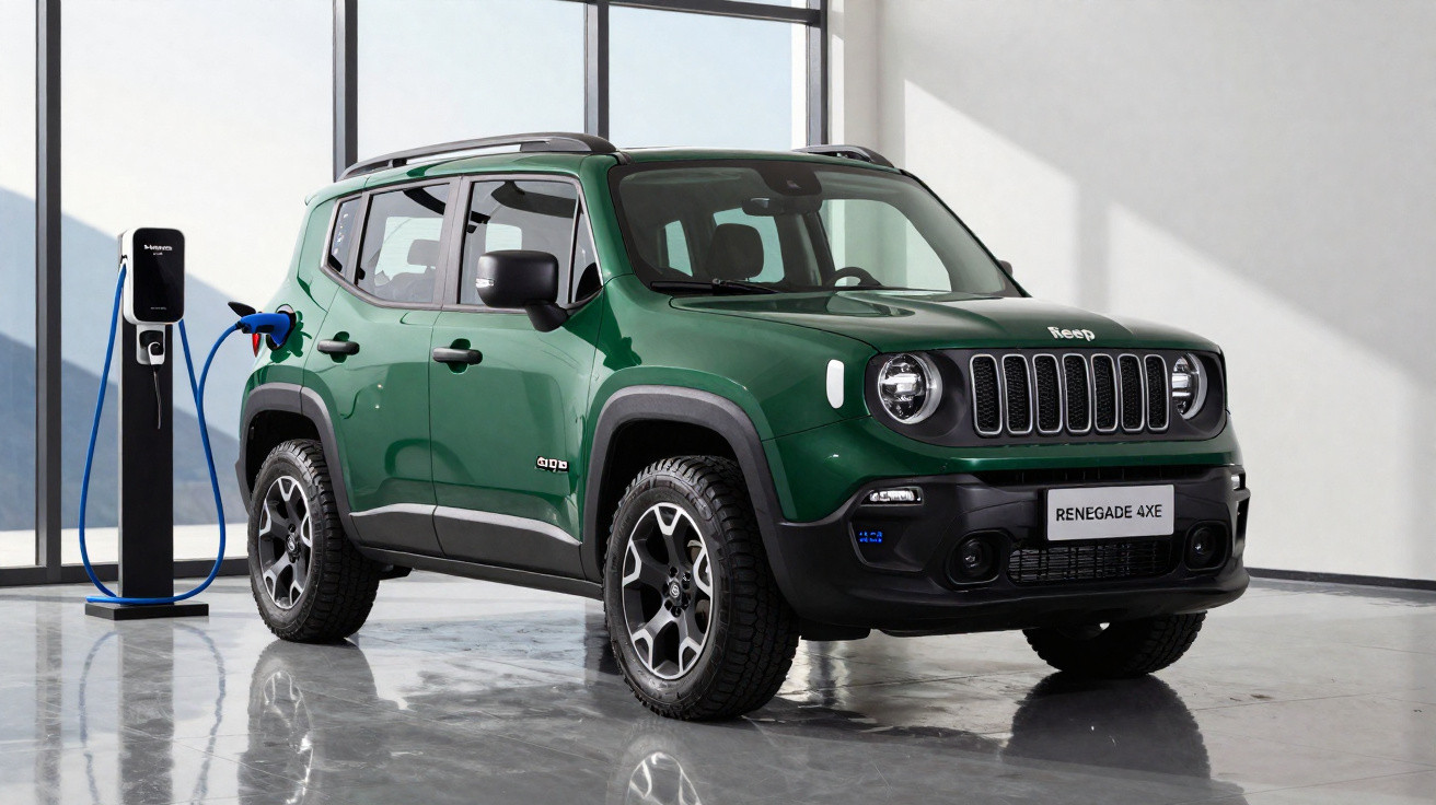 Grüner Jeep Renegade 4xe Elektro-SUV beim Laden an einer modernen Ladestation in hellem Raum.