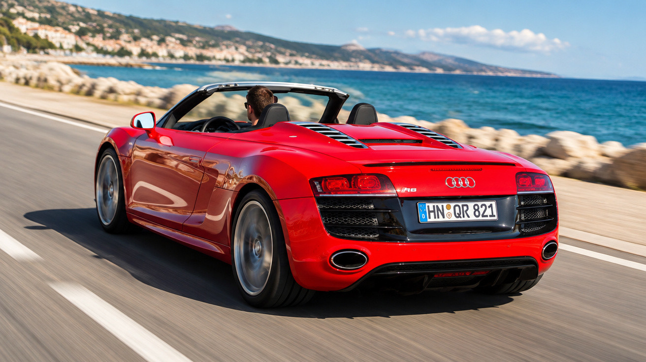 Roter Audi R8 Spyder fährt offen auf Küstenstraße mit Meer und Bergen im Hintergrund.