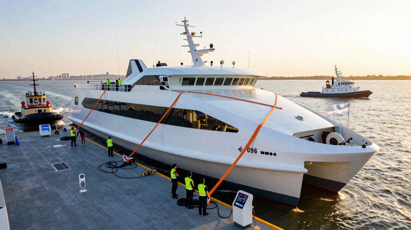 Modernes weißes Passagier-Schnellboot am Hafen mit Besatzungsmitgliedern in Warnwesten bei Sonnenuntergang.