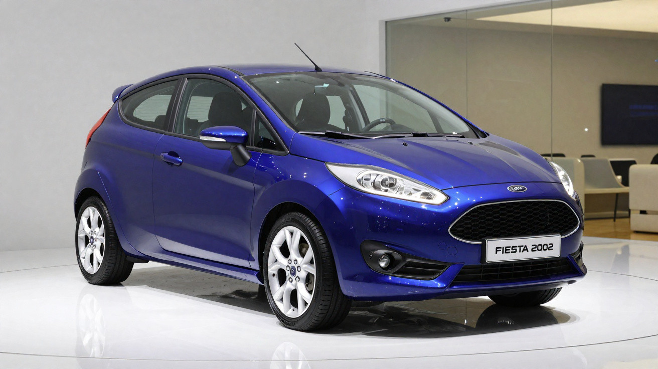 Blauer Ford Fiesta 2002 in einem hellen Ausstellungsraum, Vorderansicht leicht seitlich.