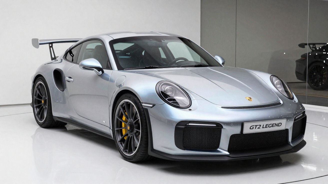 Silberner Porsche GT2 Legend Sportwagen in einem weißen Ausstellungsraum mit Glaswand.