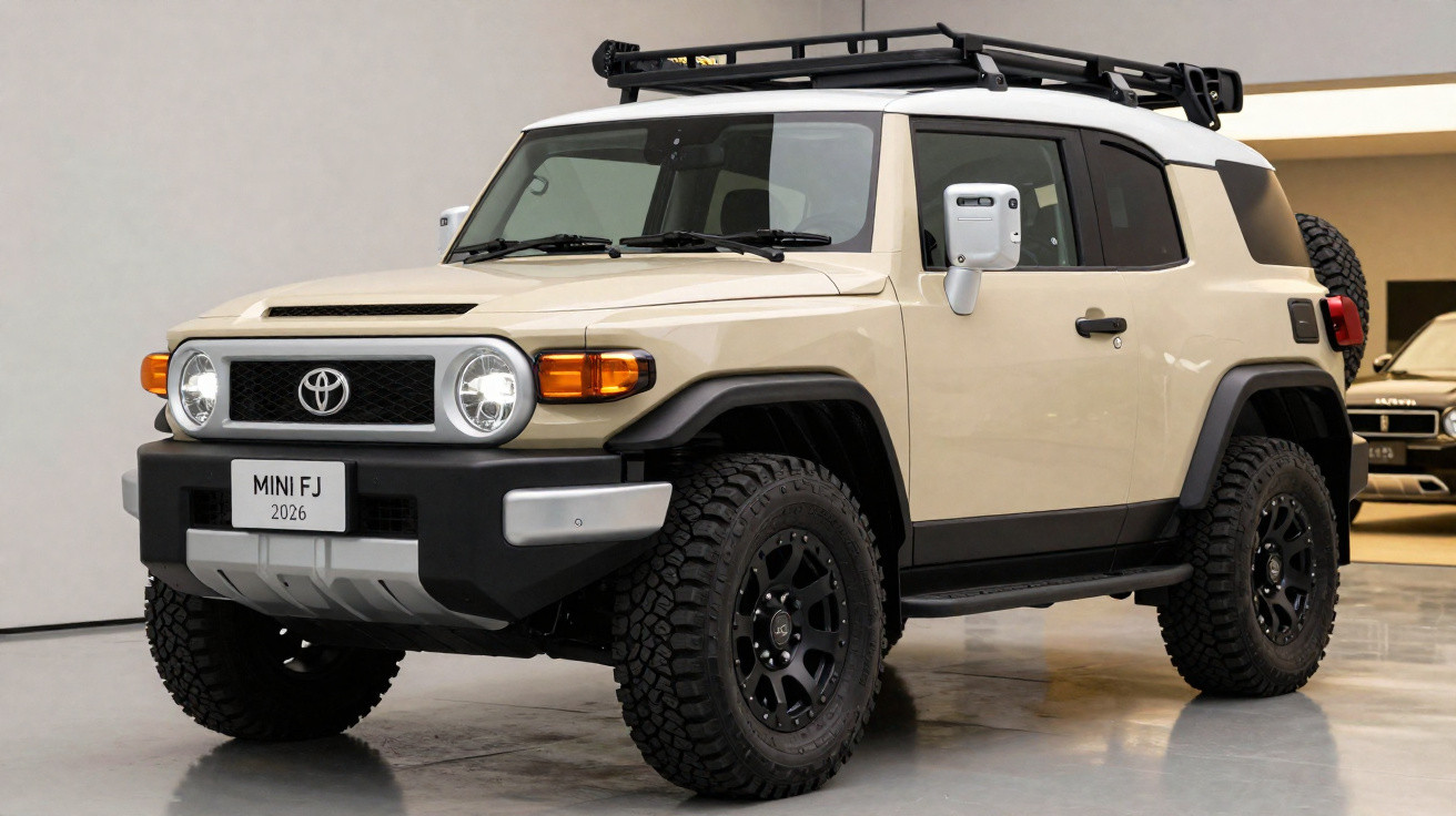 Beiger Toyota Mini FJ 2026 Geländewagen mit schwarzem Dachträger und grobstolligen Reifen in Innenraum.