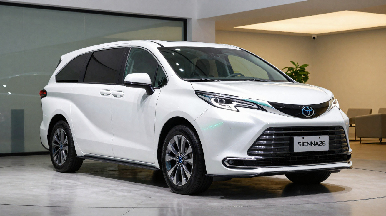 Weißer Toyota Sienna 26 Minivan in moderner Innenraumatmosphäre, Seiten- und Frontansicht sichtbar.