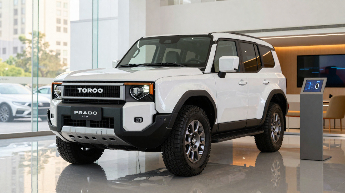 Weißer Toroo Prado 2026 Geländewagen in einem modernen Autohaus mit Glasfront und digitalem Informationsdisplay.