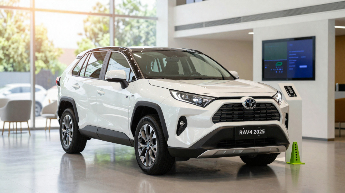 Weißer Toyota RAV4 2025 im modernen Showroom mit großem Fenster und natürlichem Licht.