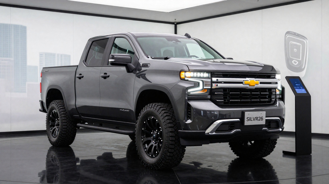 Grauer Chevrolet Silverado Pickup Truck in Showroom mit moderner Beleuchtung und Infotafel.