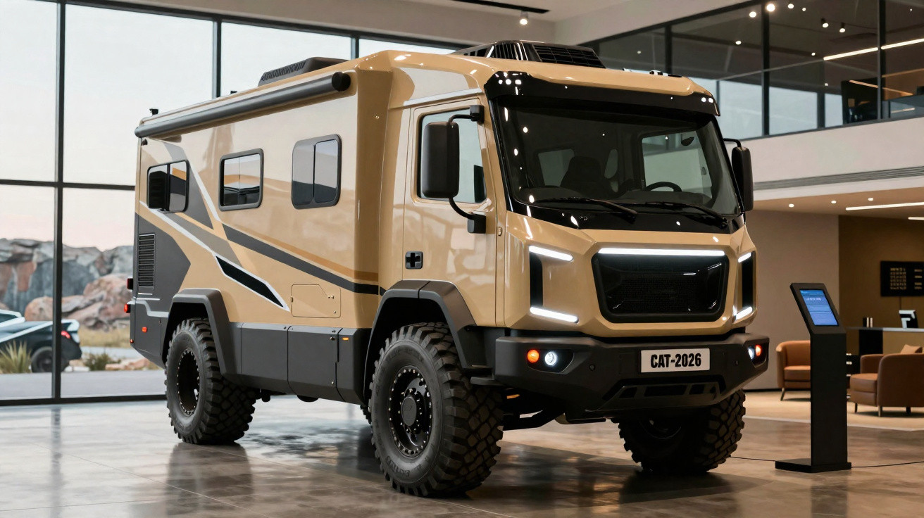Modernes, geländegängiges Wohnmobil in Beige mit robusten Reifen und Designerbeleuchtung in einem Showroom.