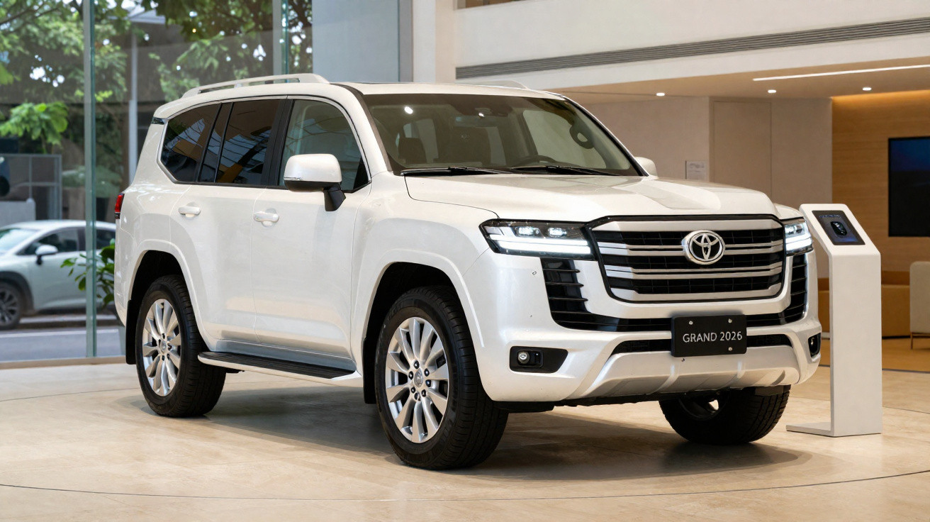 Weißer Toyota Geländewagen Grand 2026 in einem modernen Ausstellungsraum stehend.