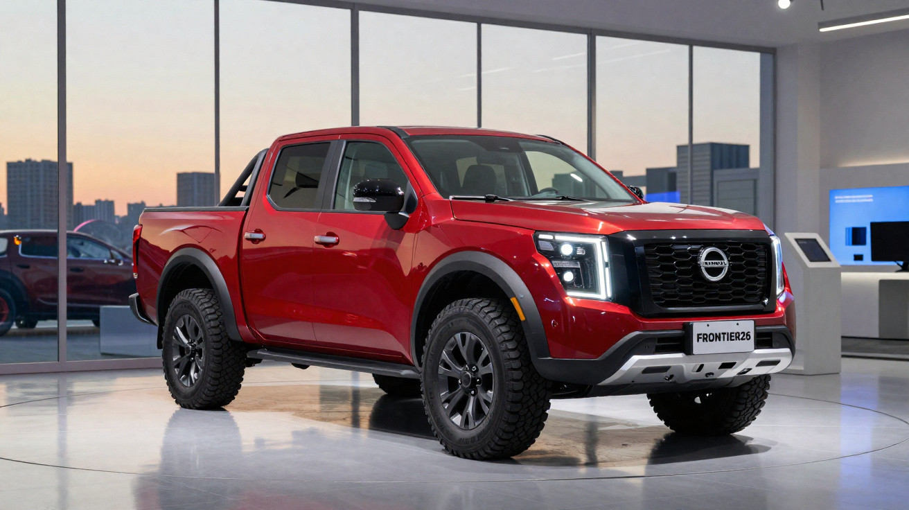 Roter Nissan Frontier 2024 Pickup mit LED-Scheinwerfern in moderner Ausstellungshalle bei Sonnenuntergang.
