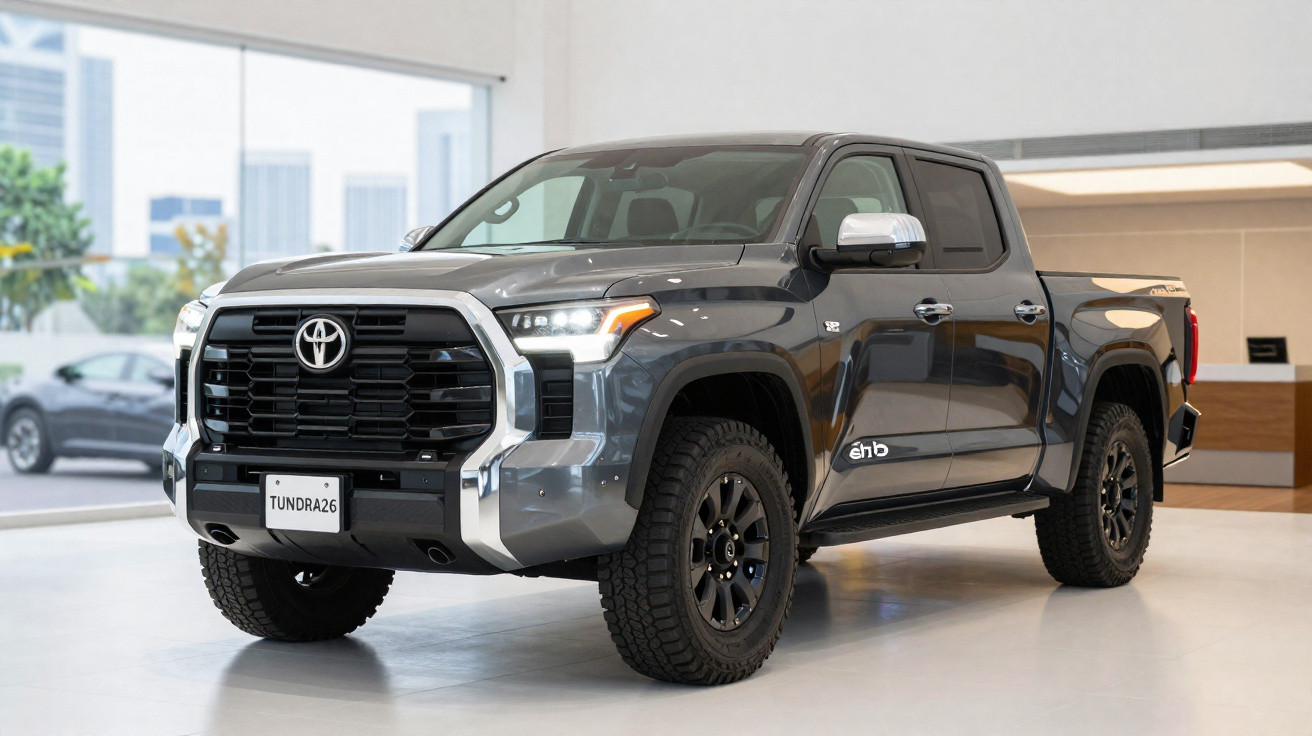 Grau-schwarzer Toyota Tundra Pickup-Truck in Ausstellungsraum mit markantem Kühlergrill und robusten Reifen.