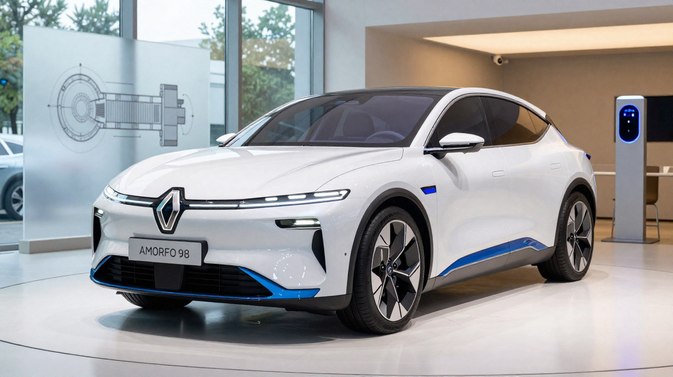 Weißer Renault AMORFO 98 Elektroauto im Showroom mit modernem Design und blauen Akzenten.