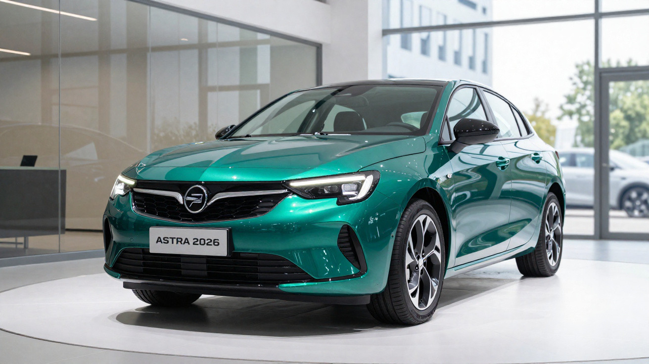 Grüner Opel Astra 2026 auf Drehpodest in modernem Showroom mit Glasfront und weißen Wänden.