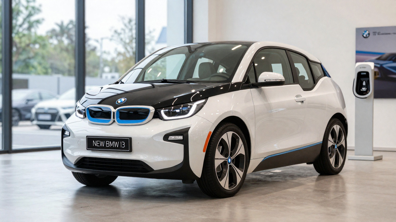 Weiß-schwarzer Elektro-Kleinwagen BMW i3 steht in einem hellen Ausstellungsraum neben Ladestation.