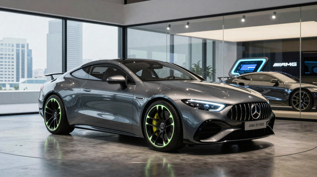 Grauer Mercedes AMG EV 1000 Sportwagen mit grünen Reifenakzenten in modernem Ausstellungsraum bei Tageslicht.