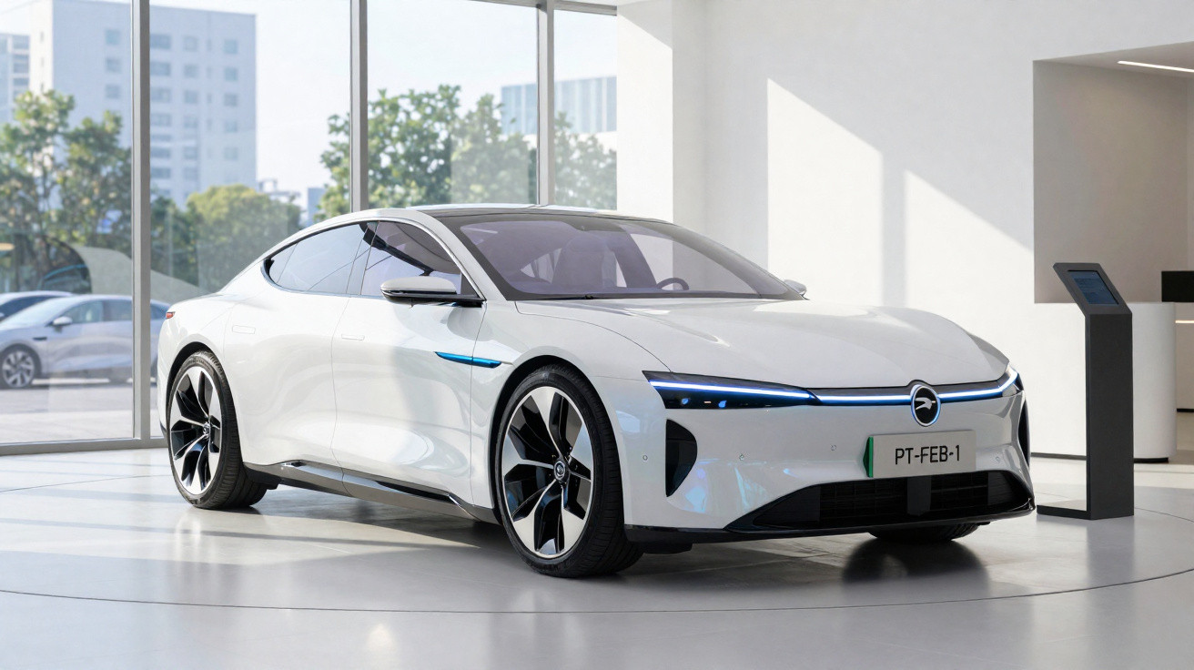 Weißes sportliches Elektroauto mit LED-Scheinwerfern in einem modernen Ausstellungsraum.
