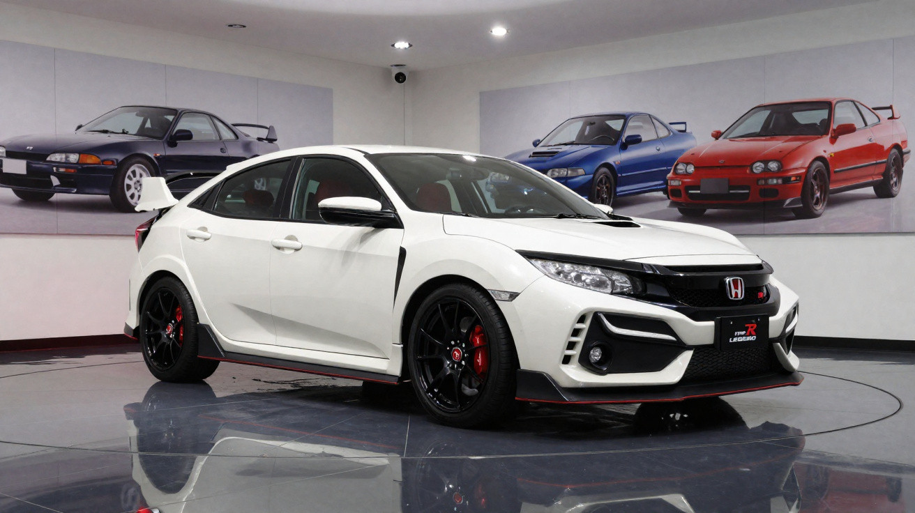 Weißer Honda Civic Type R in Ausstellung, schwarze Räder, sportliches Design, Automobilbilder im Hintergrund.