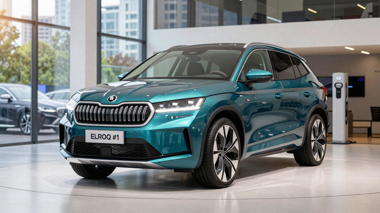 Blauer Škoda Elroq Elektro-SUV im Showroom vor Fenstern mit Blick auf städtische Gebäude.