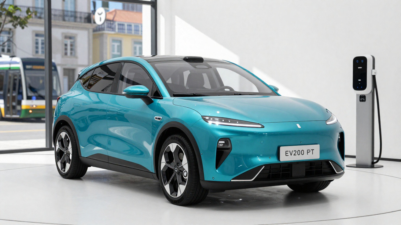Blaues Elektroauto Modell EV200 PT steht in moderner Ausstellungshalle neben Ladestation.