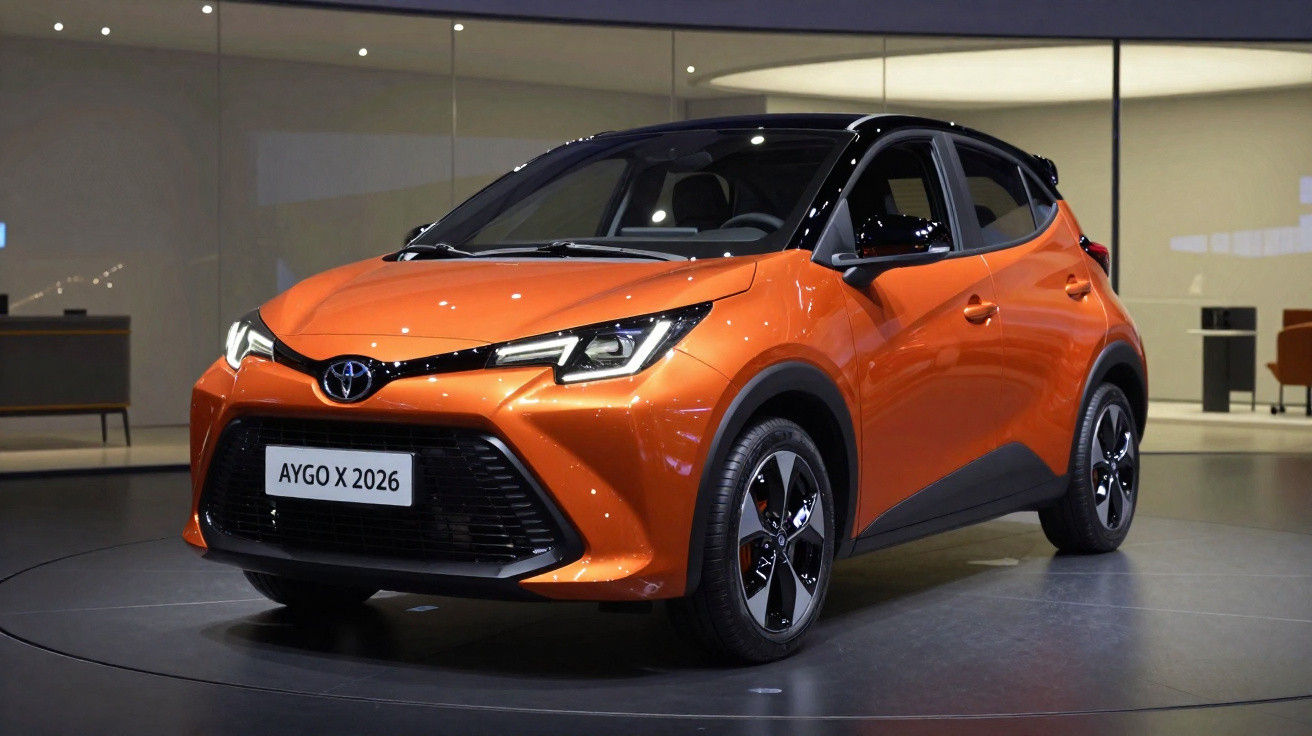 Orangefarbener Toyota Aygo X 2026 im Ausstellungsraum auf drehbarer Präsentationsplattform.